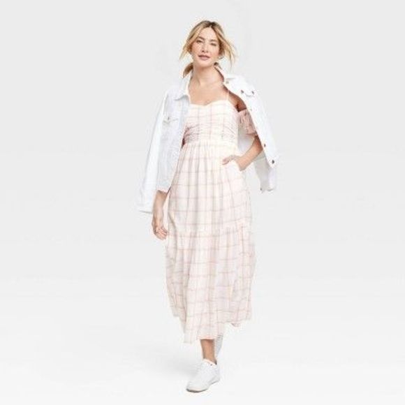 nwt universal thread • puff sleeve cold shoulder midi dress cream plaid - Picture 2 of 2